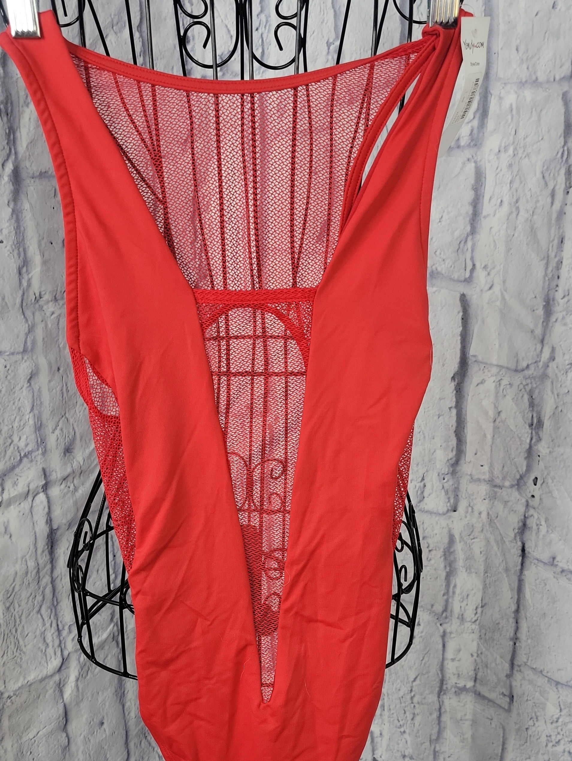 Yandy Nwt One-Piece Swimsuit Large Red Mesh Plunge Monokini — image 2 of 6